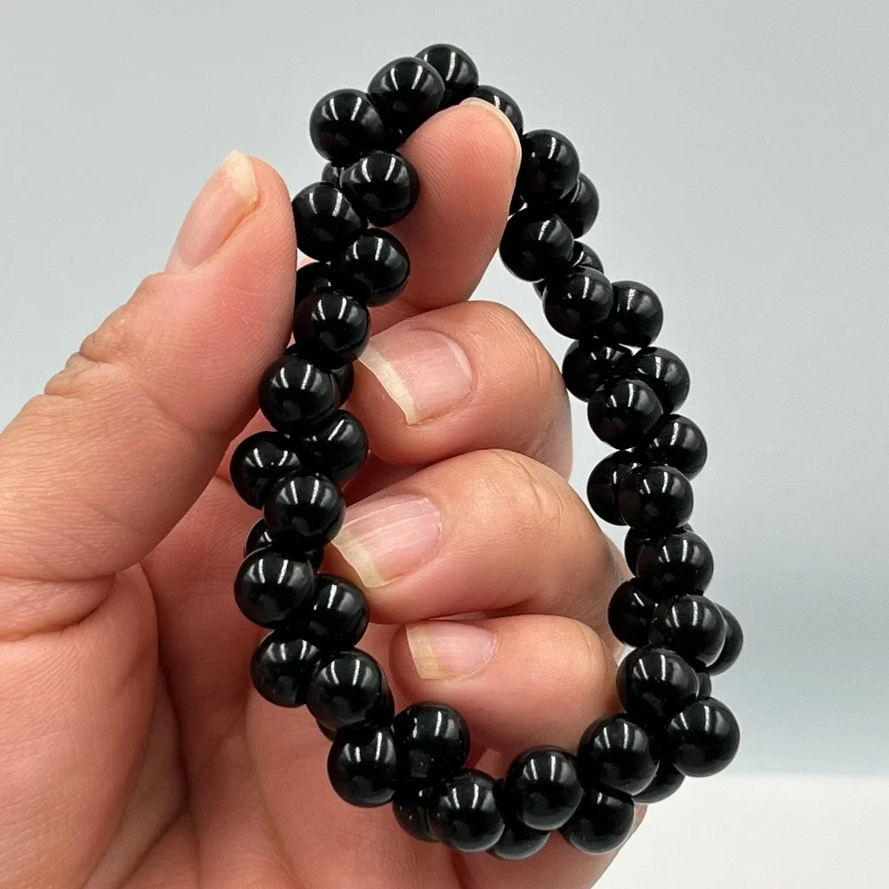 Vintage‎ Black Double Strand Beaded Stretch Bracelet Glossy Round Beads Classic